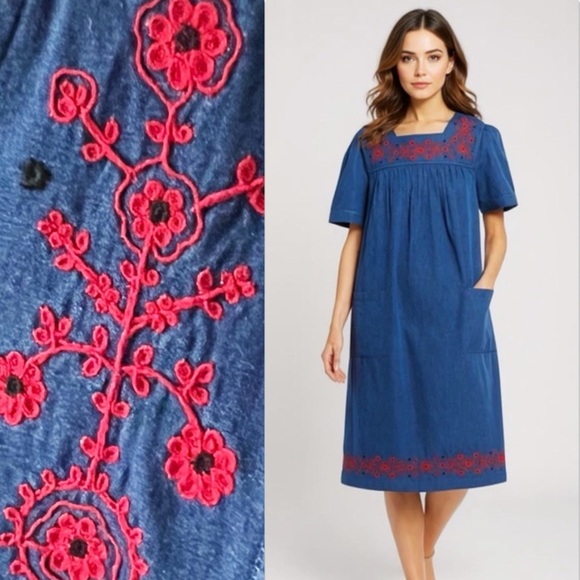 Go Softly Patio Midi House Dress Denim Floral Embroidered Patch Pockets Sz Large - Picture 1 of 13